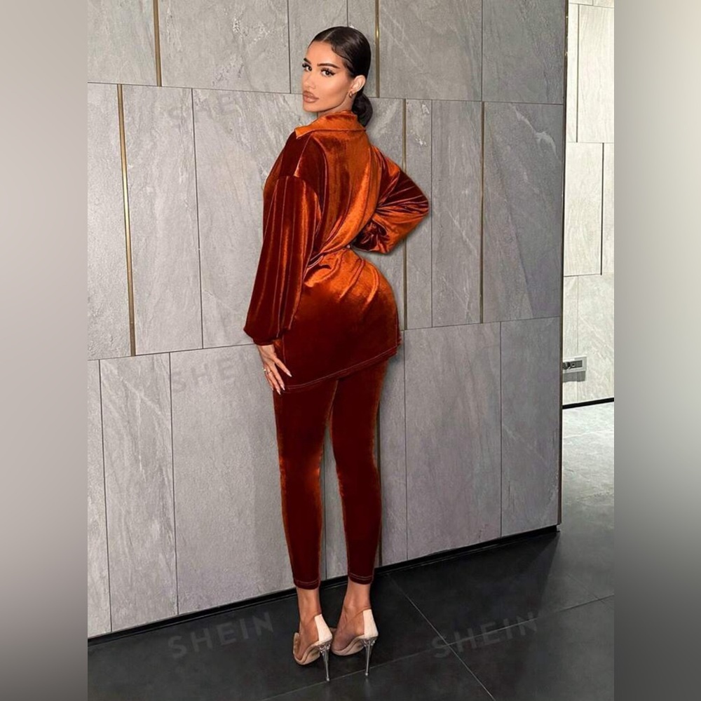 SHEIN 3pcs/Set Women's Deep V-Neck Velvet Top With Halter Neck And Tight Pants M